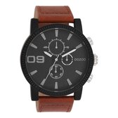 OOZOO Timepieces - Zwarte OOZOO horloge met bruine leren band - C11211