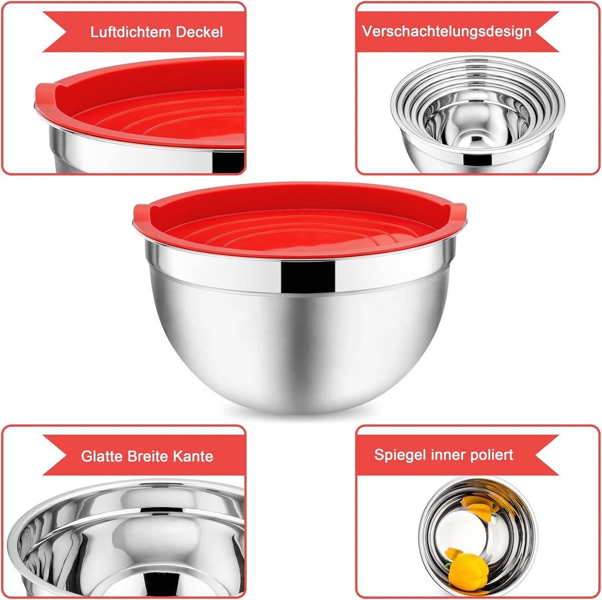 Lot de 5 Bol Inox,Bol Mélangeur avec Couvercle Hermétique,Saladier Inox  pour Cuisiner,280ml+450ml+730ml+1080ml+1580ml Bol Inox Cuisine Bowl de  Mélange,Saladier Avec Couvercle,Empilables Bol à Mélanger : :  Cuisine et Maison