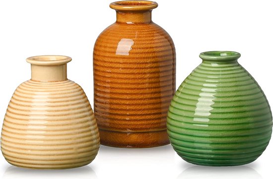 Moderne Beige Groen Bruin Keramische Vaas voor Bloemen, Set van 3 Decoratieve Kleine Steengoed Bloemenvaas voor Pampas Gras, Multi-color Crackle Glaze Vazen voor Woonkamer, 13 & 18 cm hoog