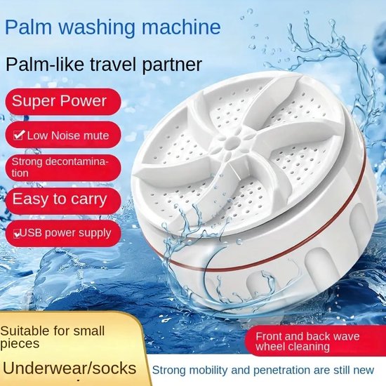Compacte, witte mini-wasmachine met rode rand, in water met een draaikolk van kleding.