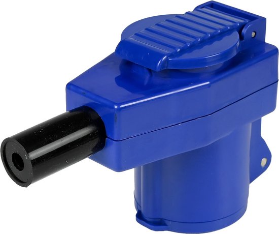 Blauwe haakse connector met zwarte, ronde aansluiting. De klep is gesloten.