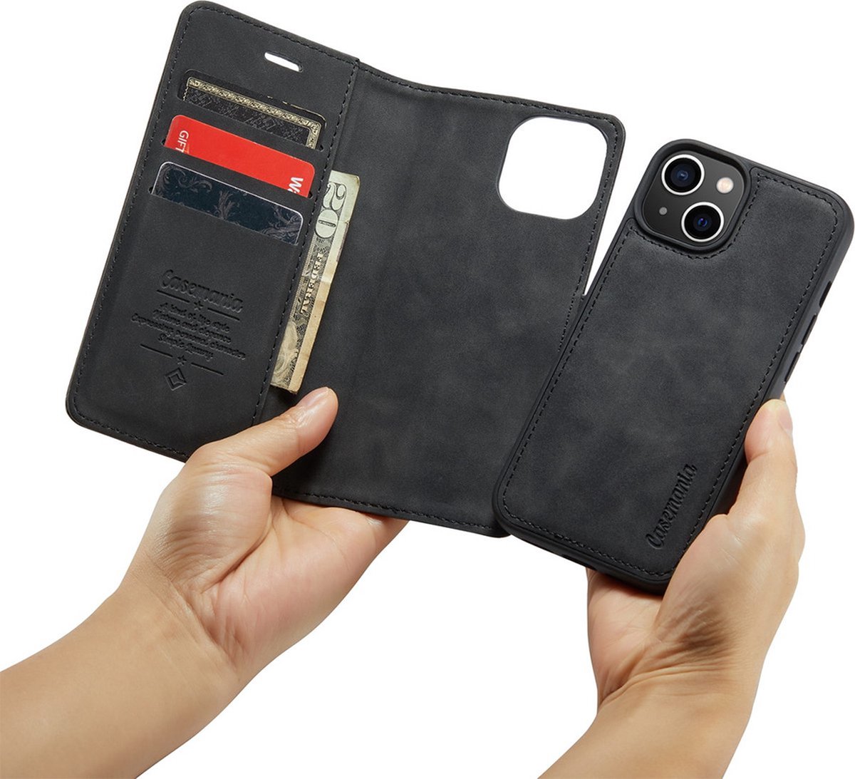 iPhone 15 Plus Bookcase hoesje - CaseMe - Effen Zwart - Kunstleer