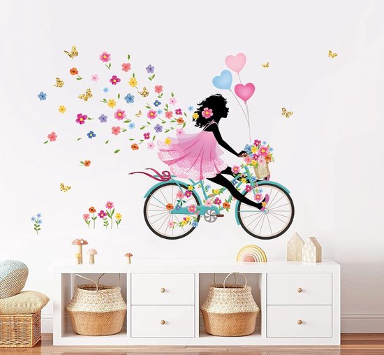 Stickers Muraux Fille Vélo Papillon Autocollant Mural Fleurs Stickers  Muraux Décoration Murale Chambre Salon Couloir