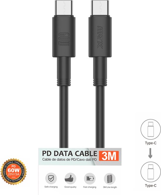 M.TK USB-C Data Kabel 60W 3Meter | USB C naar USB C Oplad kabel | Geschikt voor Macbook, iPad Pro/Air, Samsung 3 Meter