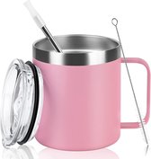 Thermobeker, met handvat, koffiebeker-to-go, roestvrijstalen campingbeker met deksel en rietje, dubbelwandige vacuüm geïsoleerde outdoor mok, 355 ml, roze