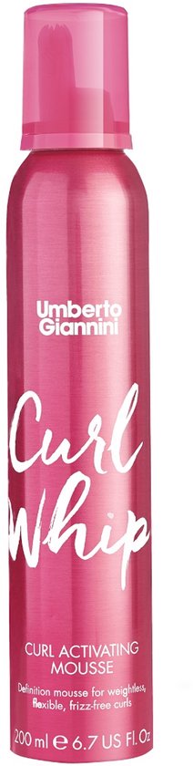 Aérosol rose Umberto Giannini Curl Whip Curl Activating Mousse, lettrage blanc.