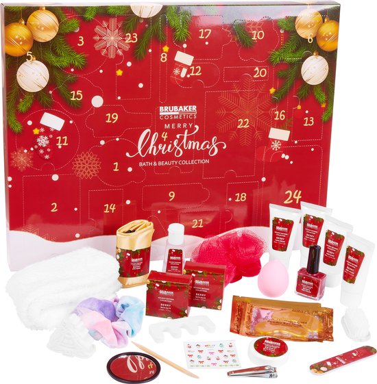 BRUBAKER Cosmetics Beauty Adventskalender - de XXL Wellness Kerstkalender voor Vrouwen en Meisjes - 24 x Lichaamsverzorging Producten & Spa Accessoires - Red