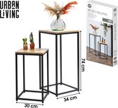 Urban Living Bijzettafel/plantenstandaard set - 2-delig - zwart/bruin - metaal/hout - D30 x H54 cm en D34 x H74 cm