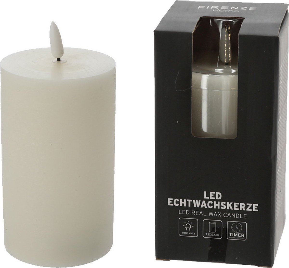 Firenze Home LED kaars - creme wit - D7,5 x H12,5 cm - met timer - stompkaarsen - sfeerkaarsen