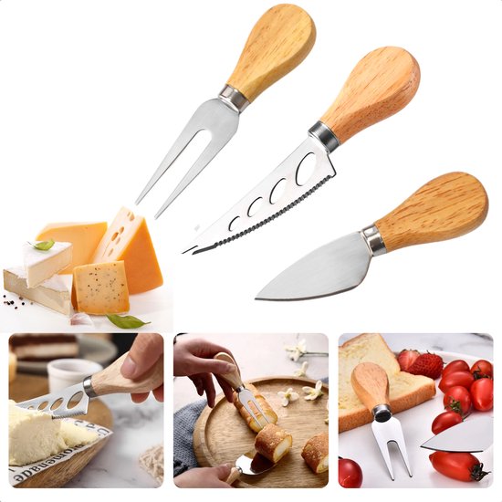Set de couteaux à fromage Cheqo® - Couteaux à fromage - Couteaux pour planche à fromage - 3 pièces - 12-14 cm - Manche en bois - Ne passe pas au lave-vaisselle