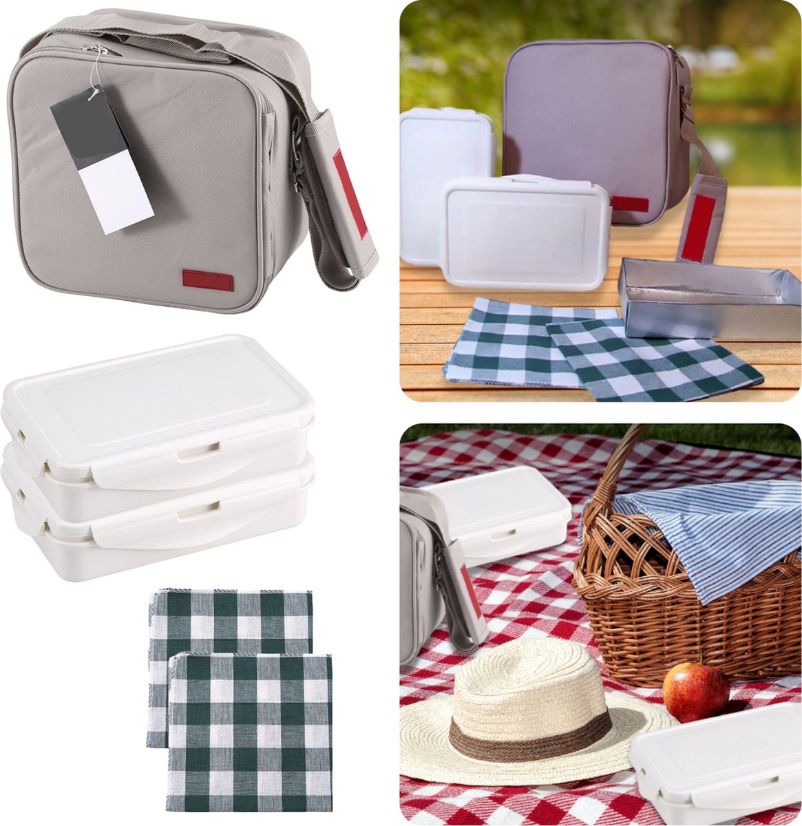 Cheqo® Complete Lunchtas - Picknicktas - Picknickset - Picknickmand - Koelbox - Grijs- 2 Lunchboxen - Tray - 2 Katoenen Servetten - Met Draagriem & Handvat