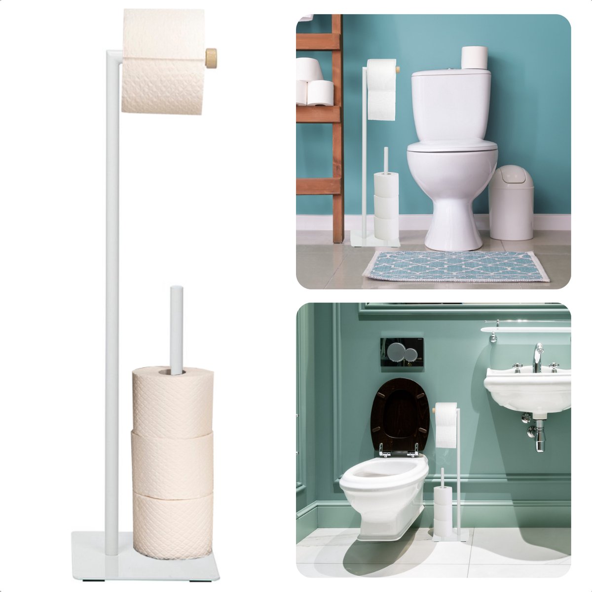 Cheqo® Toiletbutler - Toiletrolhouder - Rollenhouder - Standaard van Metaal en Houten Afwerking - 21,5 x 20 x 71 cm - Eenvoudig in Elkaar te Zetten