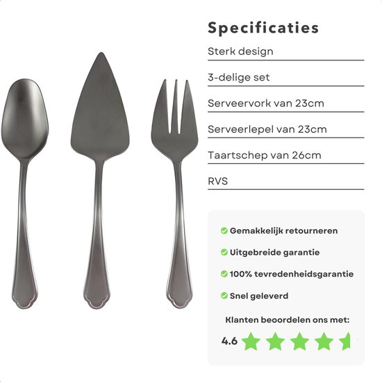 Zilverkleurige 3-delige taartset bestaande uit een serveervork, serveerlepel en taartschep.