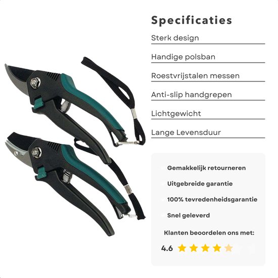 Twee zwarte snoeischaren met groene accenten, polsband en tekst 'Specificaties'.