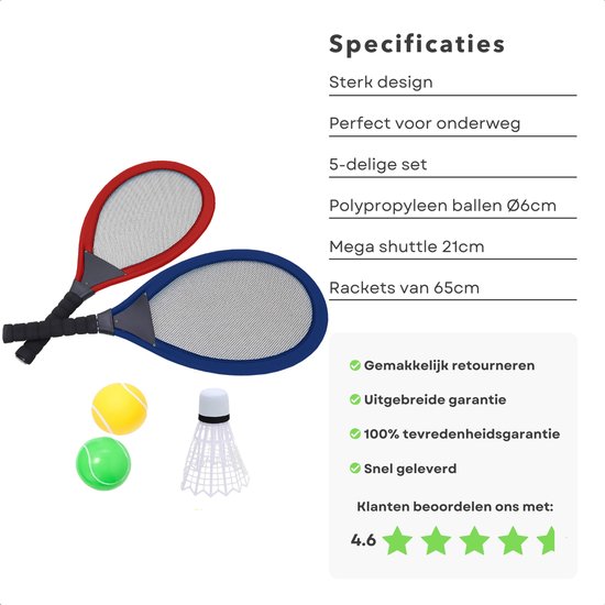 Cheqo® XL Tennisset - Tennis Set - Badminton - Beachball - 5 delig - 2 Rackets (65cm) - 2 Ballen (Ø6cm) - 1 Shuttle (21cm) - 625g - Cheqo