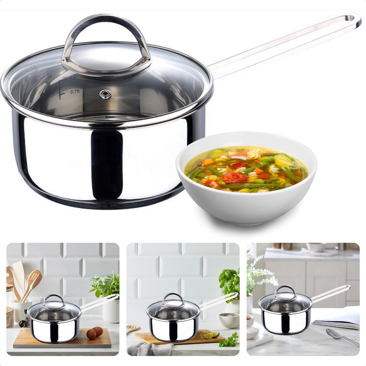 Sauspan met Deksel - Kookpan - Steelpan - 16cm - 1.35L - RVS & Aluminium - Gas, Keramisch, Elektrisch & Inductie - Vaatwasserbestendig - Inclusief Glazen Deksel met Stoomgat - Met Maataanduiding - Inclusief EBOOK