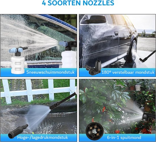 Hogedrukreiniger - Hogedrukspuit - Draadloos - Draagbaar - Compact - 6-in-1 - 21V - 4.0Ah - Incl Sneeuwschuim - Mondstuk - 30 Bar - Jet Nozzle - Hoek Nozzle - Wit - 435PSI 30 Bar — afbeelding 4