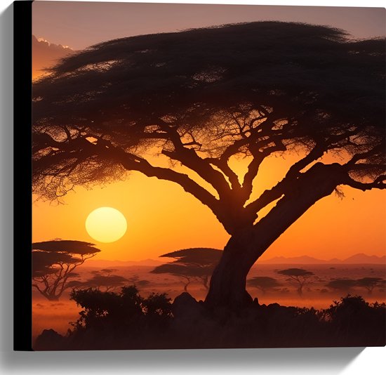 Canvas - Silhouet van Grote Acacia Boom op Savanne tijdens Zonsondergang - 40x40 cm Foto op Canvas Schilderij (Wanddecoratie op Canvas)