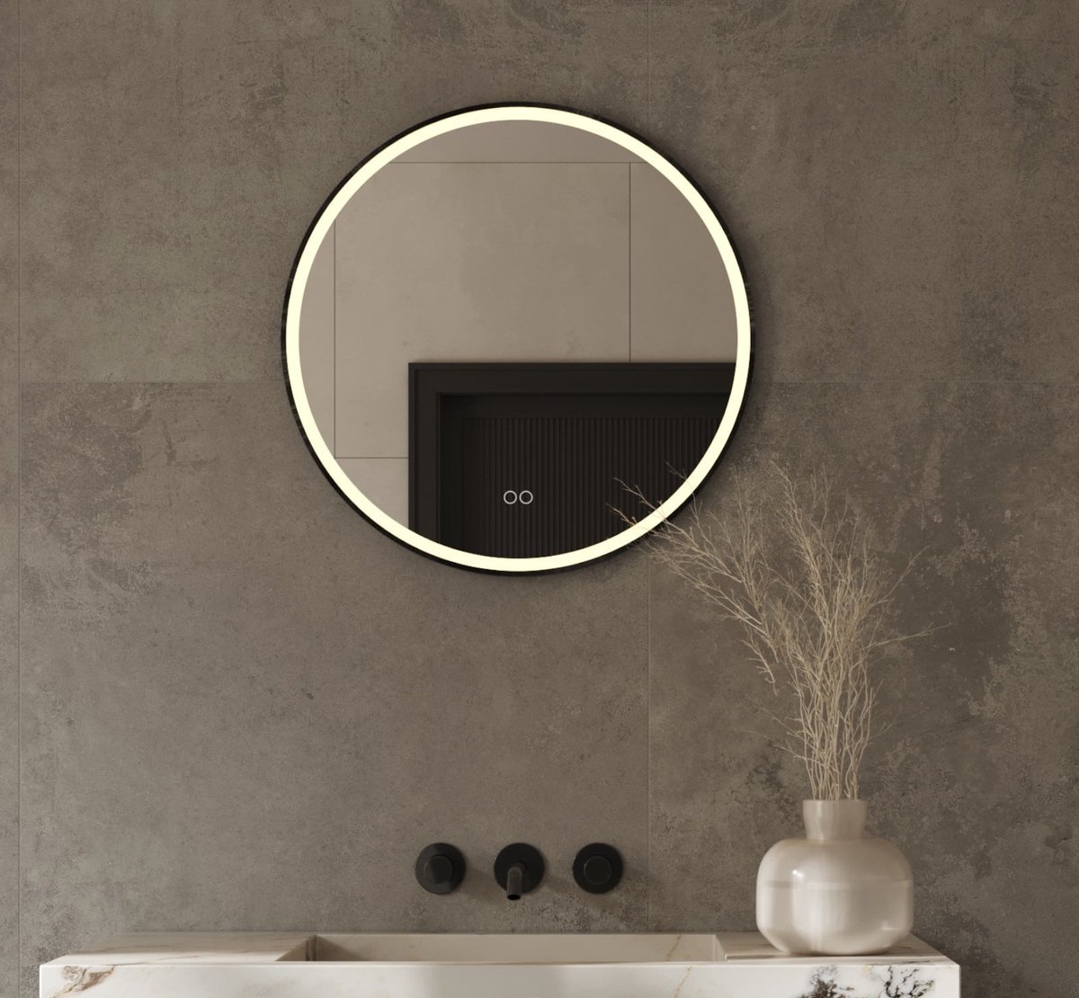 Ronde badkamerspiegel met LED verlichting, verwarming, touch sensor, dimfunctie en mat zwart frame 60x60 cm