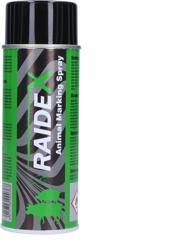RAIDEX Animal Marking Spray groene spuitbus met een varkenssilhouet.