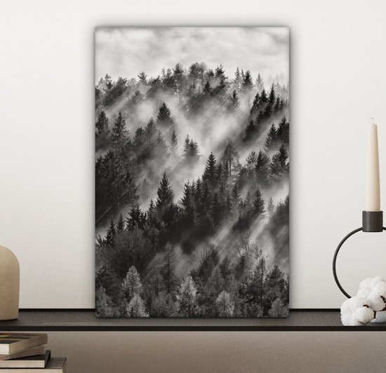 Peinture sur toile - Arbres - Brouillard - Forêt - Paysage - Peintures sur toile - 20x30 cm - Photo sur toile - Canvasdoek