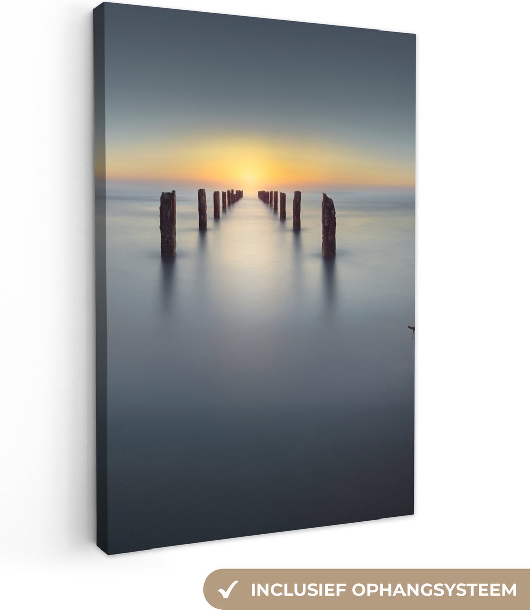 Canvas - Wanddecoratie - Zee - Zonsondergang - Palen - Landschap - 20x30 cm - Canvas schil