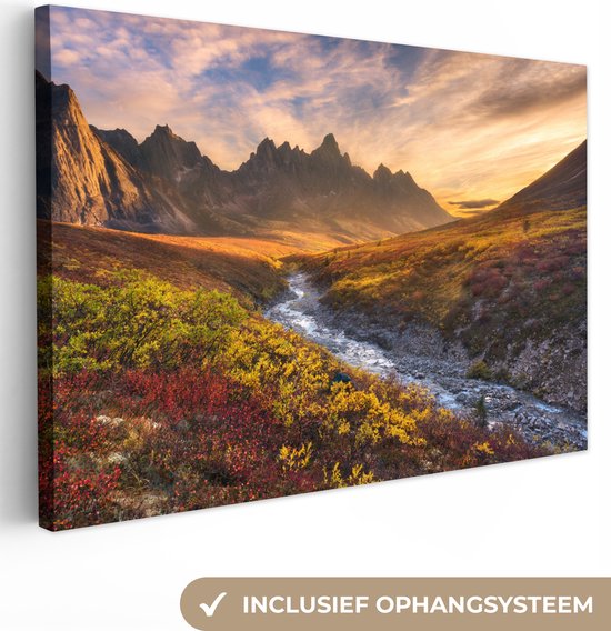 Canvas doek - Foto op canvas - Bergen - Zonsondergang - Rivier - Landschap - Kamer decoratie - 60x40 cm - Canvas schilderij