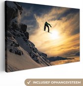 Canvas schilderij - Wintersport - Zon - Sneeuw - Snowboard - Foto op canvas - Canvasdoek - 60x40 cm - Muurdecoratie canvas