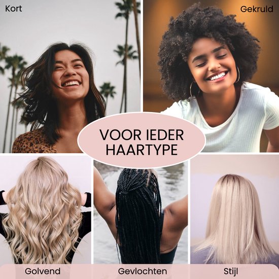 Collage met diverse haartypes: kort, krullend, golvend, gevlochten, stijl. Allemaal geschikt voor de slaapmuts.