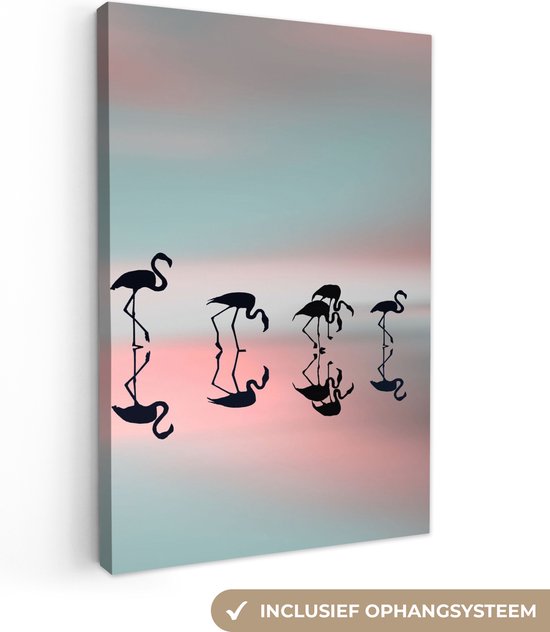 Canvas schilderij - Flamingo - Vogel - Roze - Zon - Water - Canvasdoek - Schilderij vogels - Muurdecoratie - 20x30 cm - Foto op canvas