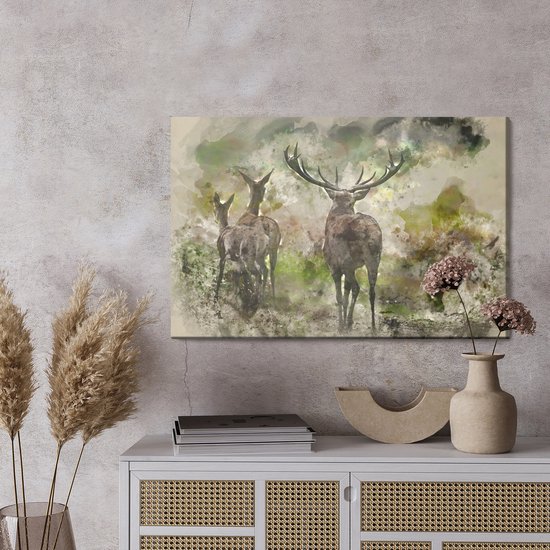 schilderijkoning-canvas-schilderij-aquarel-herten-in-het-bos-70-x