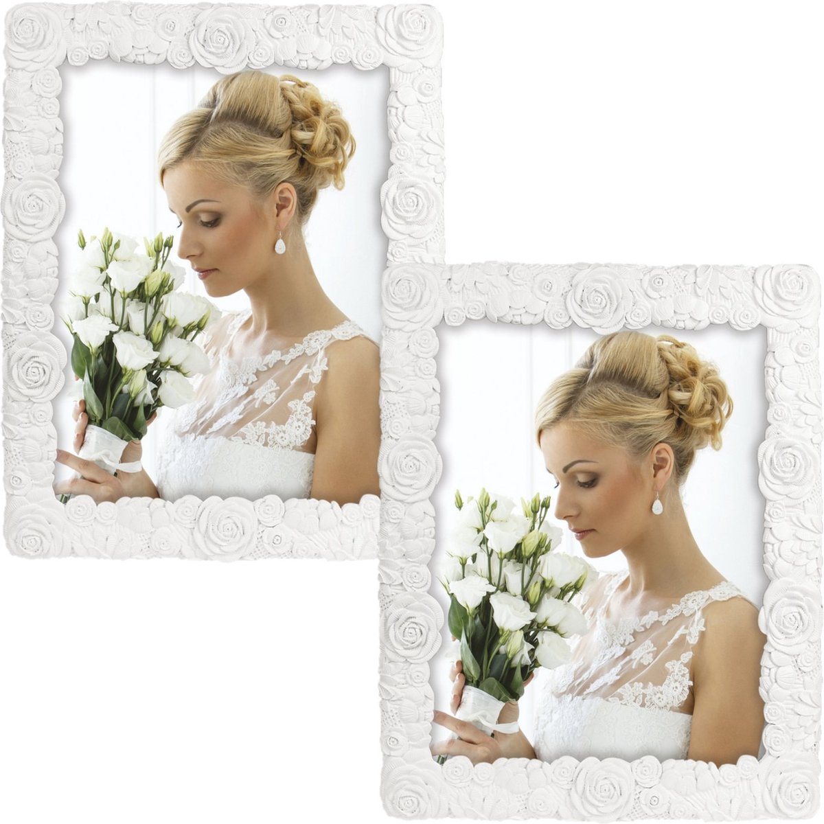 Zep 2x stuks kunststof fotolijst wit met bloemen motief geschikt voor een foto van 15 x 20 cm