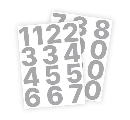 Zilverkleurige cijferstickers met de nummers 0-8 op twee vellen.