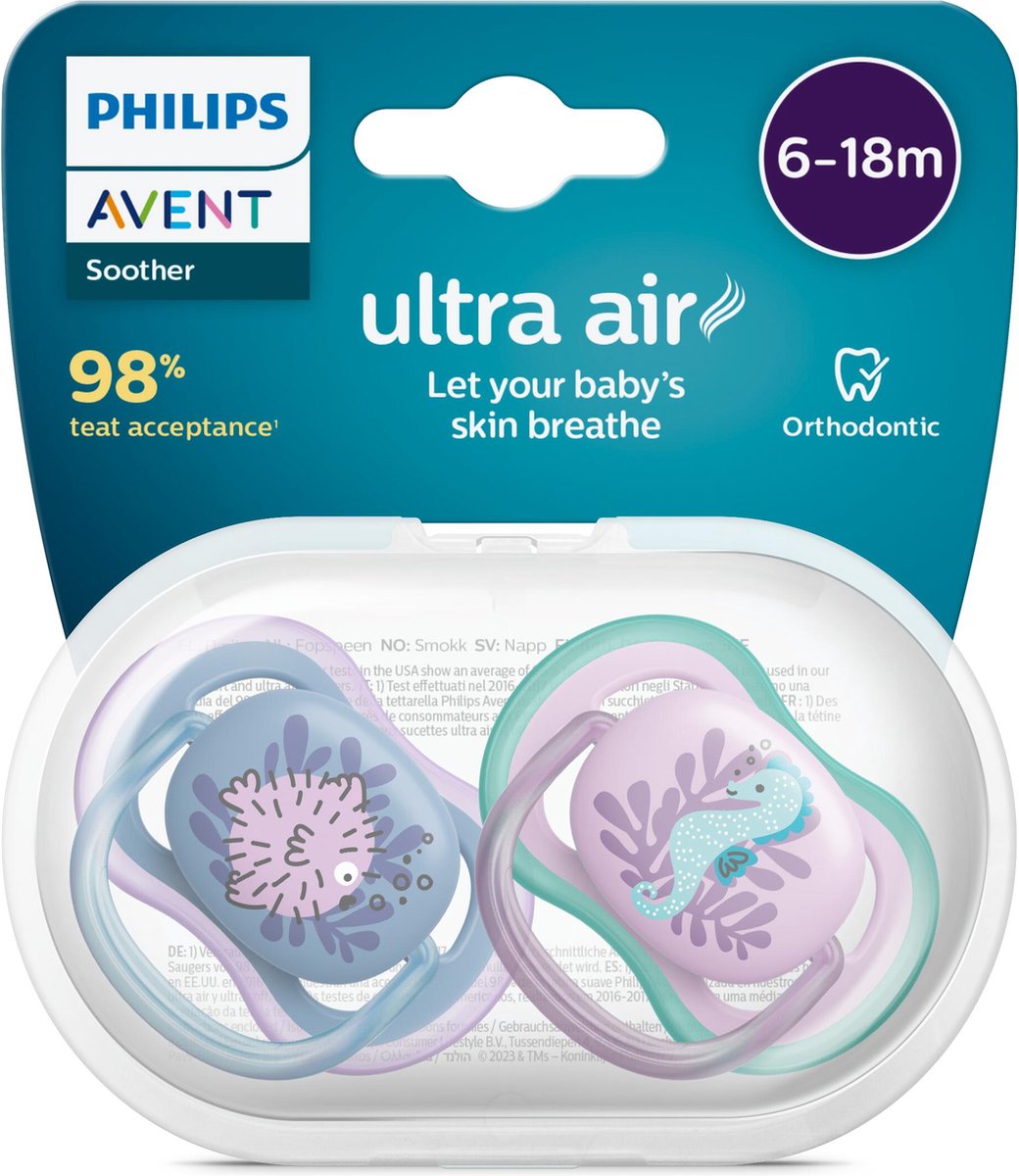 Goedkoopste Philips Avent Ultra Air Fopspeen - 6 tot 18 Maanden - 2 Speentjes - Blauw/Roze Vis/Zeepaard - SCF085/61