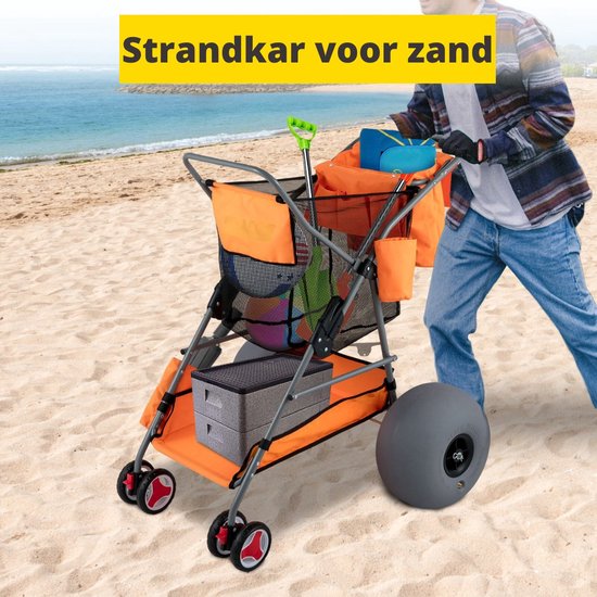 Happyment Bolderwagen - Strandkar - Bolderkar Opvouwbaar - Strandtrolley - Beach Trolley - Strandwagen - Luchtbanden - Inclusief Pomp - Oranje van Happyment — afbeelding 3