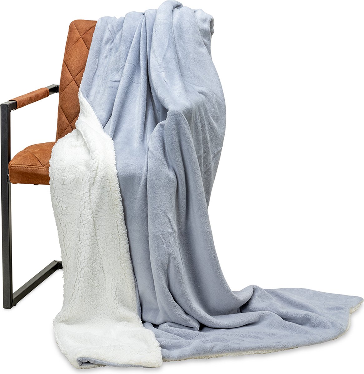 Wicotex - Plaid deken - Fleece plaid Espoo Grijs - Afmeting 150x200cm met Witte sherpa binnenkant - Zacht en warme Fleece deken - Plaidfleece