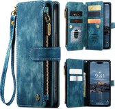 CaseMe - Coque adaptée pour iPhone 15 Pro - Vintage Wallet Book Case Zipper - Avec Fermeture Magnétique - Blauw