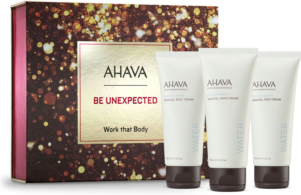 Goedkoopste AHAVA Work that Body Set - Complete Lichaamsverzorging | Intense Hydratatie | Vegan & Vrij van Alcohol en Parabenen | Unisex voor mannen & vrouwen | Luxe verwenbox | Hydraterende Body- Voetcreme & Handcreme | Geschenkmand huidverzorging - Set van 4