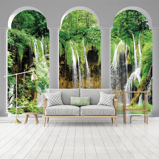 Papier peint photo Peint Intissé - Chutes d'eau 3D vues à travers les Piliers - 254 x 184 cm