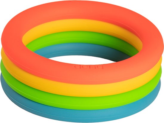 Stapel van vier Dëna ringen in de kleuren oranje, geel, groen en blauw.