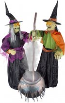 Totally Halloween | 2 Heksen met ketel | Witches with Cauldron | Animatronic | Beweging + Licht + Geluid | 180 cm