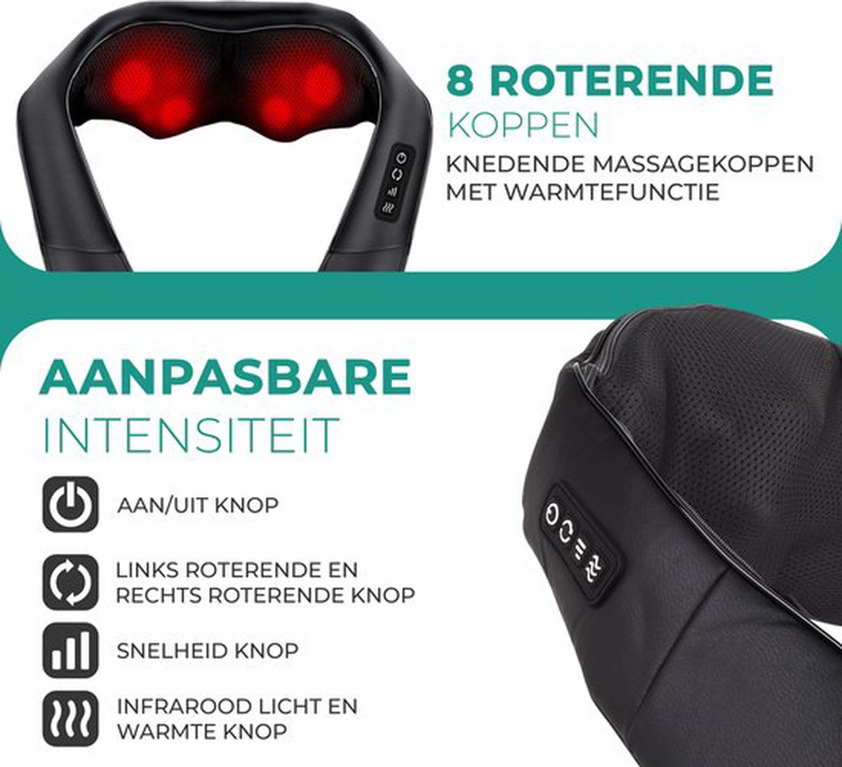 Afbeelding 2 van Niceey Shiatsu Massagekussen - Massage apparaat - Nekmassage apparaat - Verwarmd Nek en Rug massageapparaat - Infrarood - Met Draagtas - Zwart