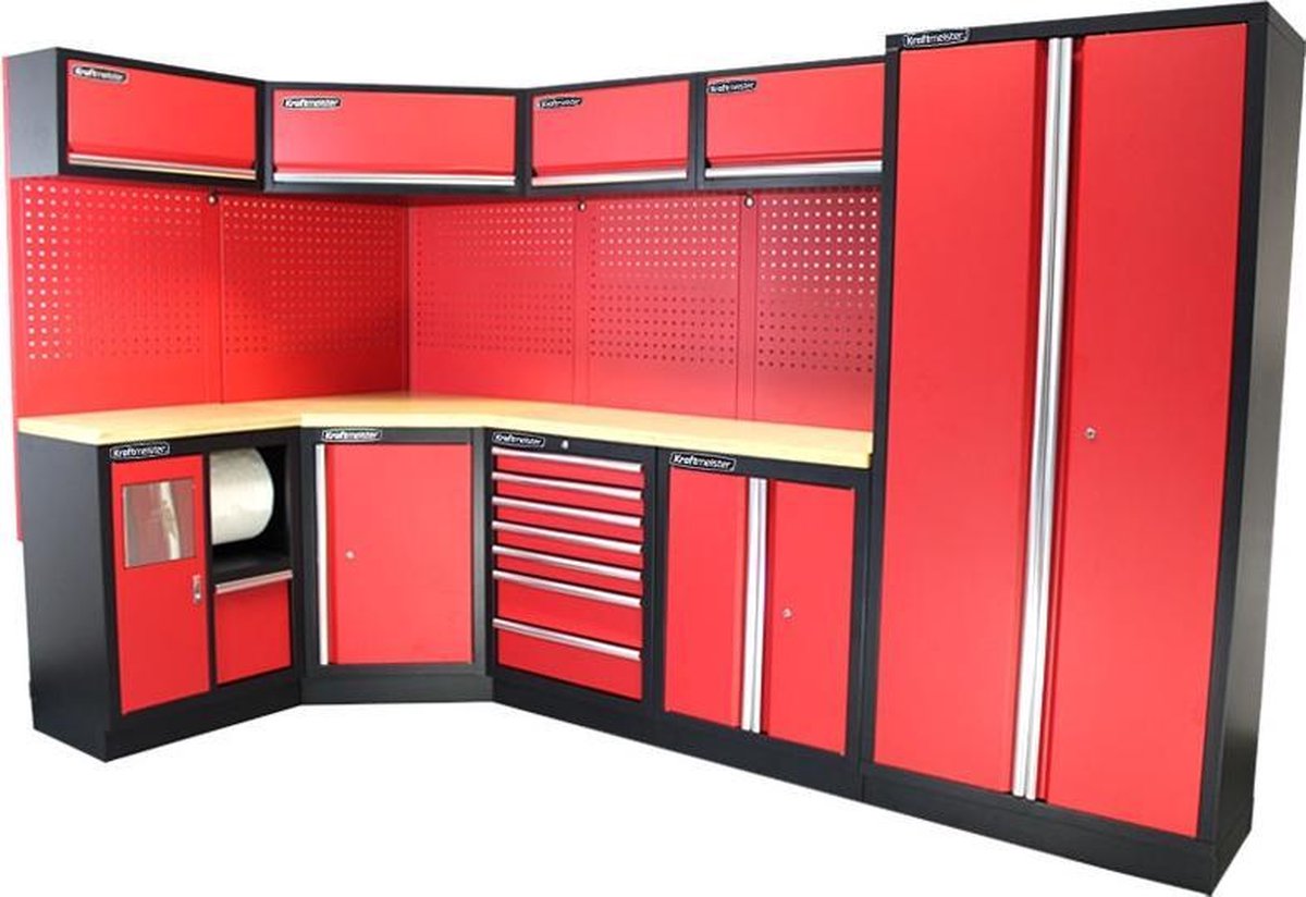 Kraftmeister werkplaatsinrichting - Werkbank met 4 wandkasten, 1 werkplaatskast en multiplex werkblad - Werktafel met 7 laden, 2 opbergkasten, 1 prullenbak en gereedschapswand - Complete set voor werkplaats of garage - Rood