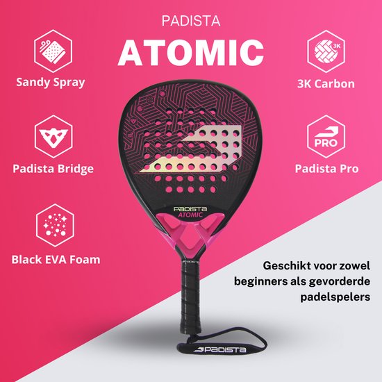 Padista Atomic Padel racket - Padel - 3K Carbon - Roze - Ruwe Oppervlakte - Druppelvorm - Black EVA Foam - Incl. padeltas