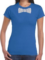 Blauw fun t-shirt met vlinderdas in glitter zilver dames - shirt met strikje S
