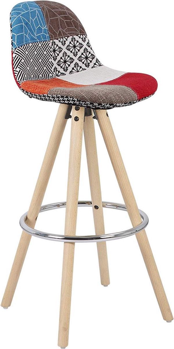 Happyment Hoge Barkruk Color - Zithoogte 75cm - Set van 1 - Keuken - Barstoelen - Met rugleuning - Linnen - Zwart frame Kleurrijk