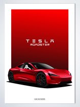 Tesla Roadster Rood op Poster - 50 x 70cm - Auto Poster Kinderkamer / Slaapkamer / Kantoor