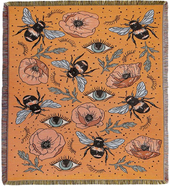 Oranje geweven deken met insecten en bloemen - kleed/wandkleed met print - 130 x 150 cm - jacquard deken - STUDIO Ivana