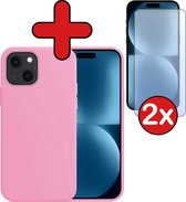 Hoesje Geschikt voor iPhone 15 Hoesje Siliconen Case Hoes Met 2x Screenprotector - Hoes Geschikt voor iPhone 15 Hoes Cover Case - Lichtroze