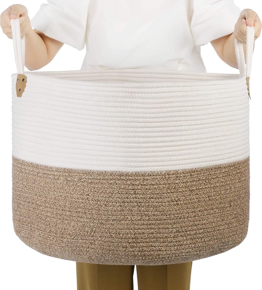 Katoenen touwmand, handgrepen, wasmand van katoen, 100 l, voor speelgoed, kleding, dekens, bruin-beige, 55 x 55 x 35 cm